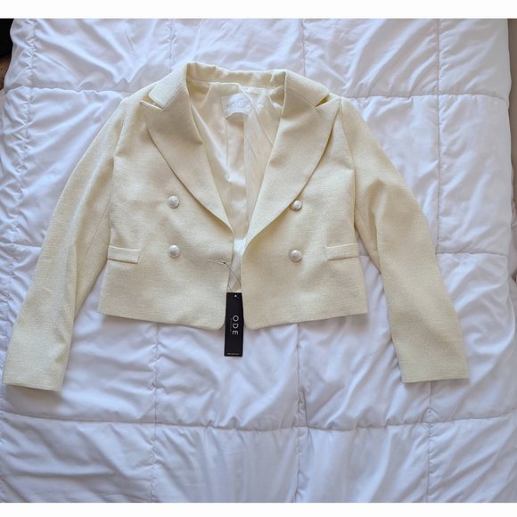 NWT Ode Butter Yellow Tweed Silver Button Cropped Light Blazer - Picture 7 of 8